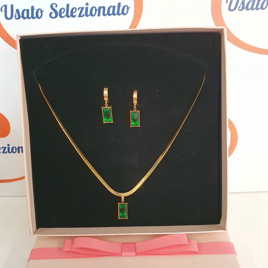 Collana + Orecchini Acciaio Dorato Pietra 