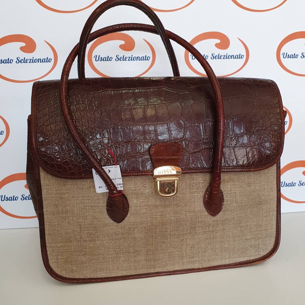 Borsa Cartella Pelle Marrone Tessuto Beige 