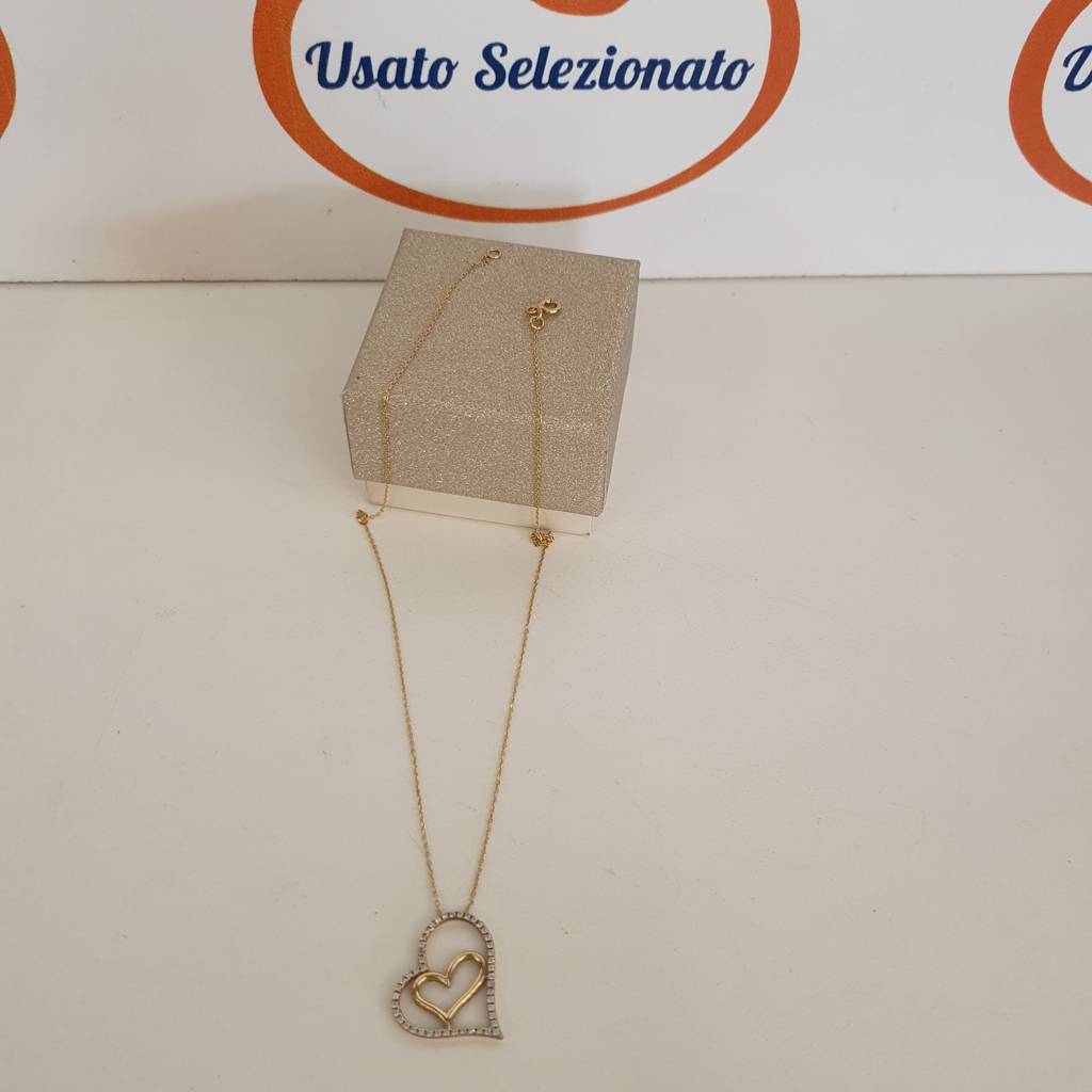 Collana Oro Giallo Pendente Cuore Zirconi 